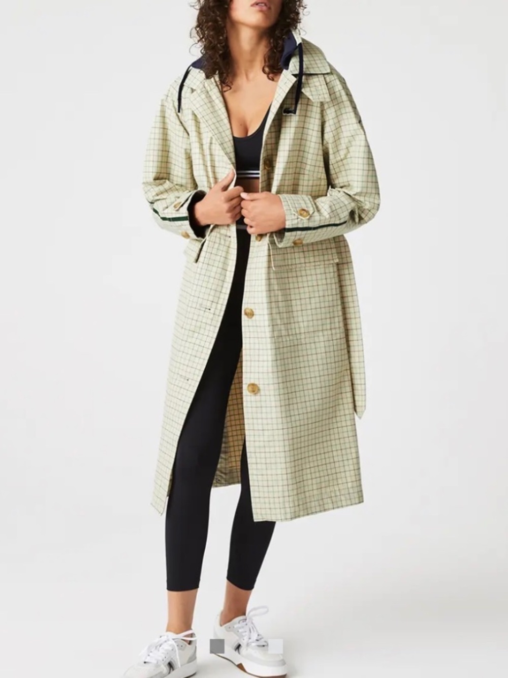 LACOSTE Beige Checked Cotton Blend Trench Coat